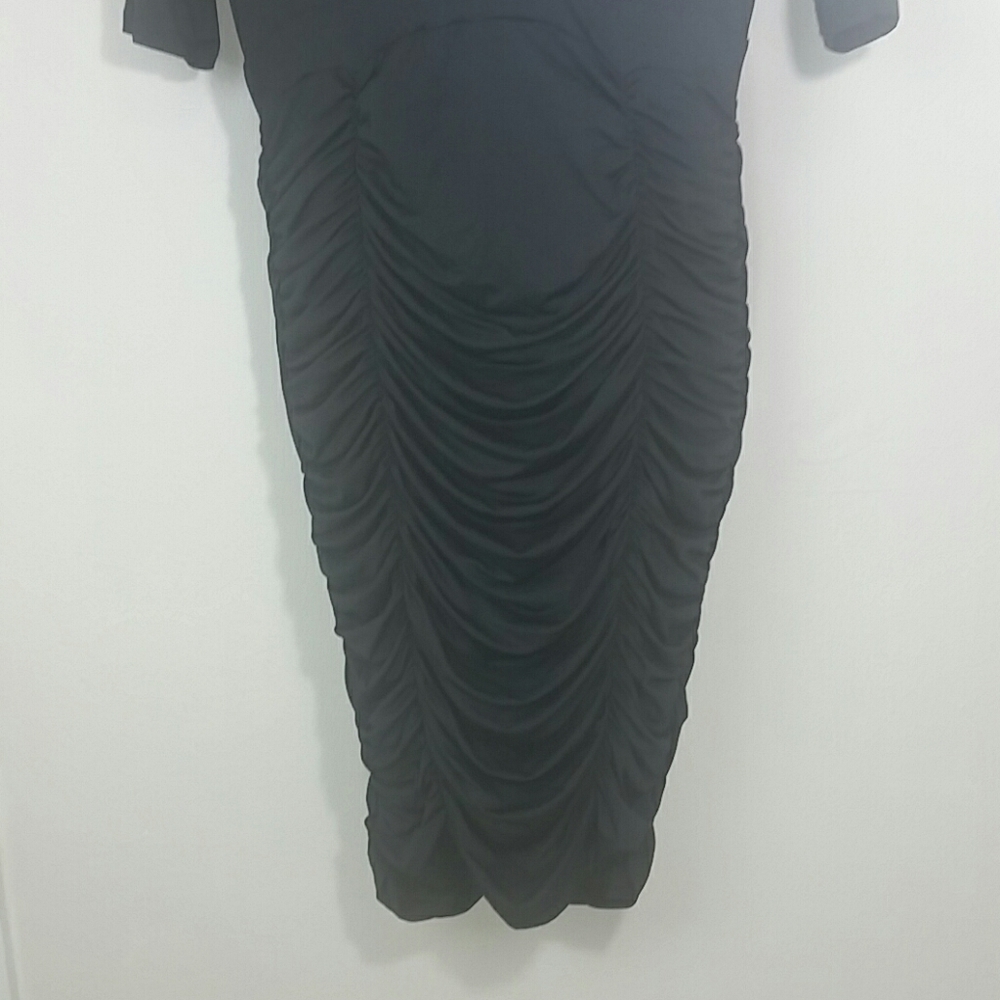 🖤 Classic Black Ruched Midi Dress Elbow Sleeve Size 1X Stretch Cocktail Formal - Picture 4 of 7